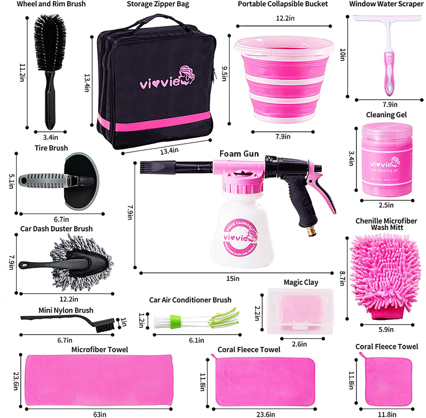 vioview Car Wash Kit, 15PCS Pink Car Care Cleaning Kit, Car Accessories for Women - Foam Gun, Bucket, Cleaning Gel, Microfiber Cleaning Cloth, Car Wash Mitt, Duster, Squeegee