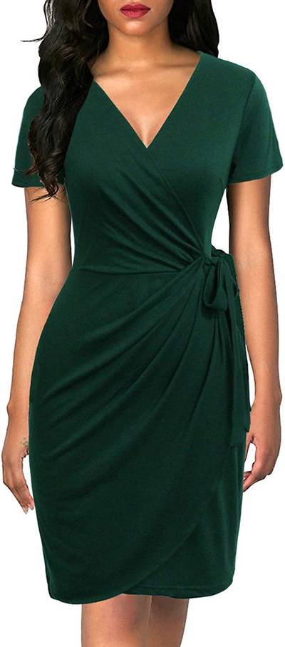 Lyrur Women's Classic V-Neck Casual Party Knee Length Sheath Work Short Sleeve Faux Black Wrap Dress