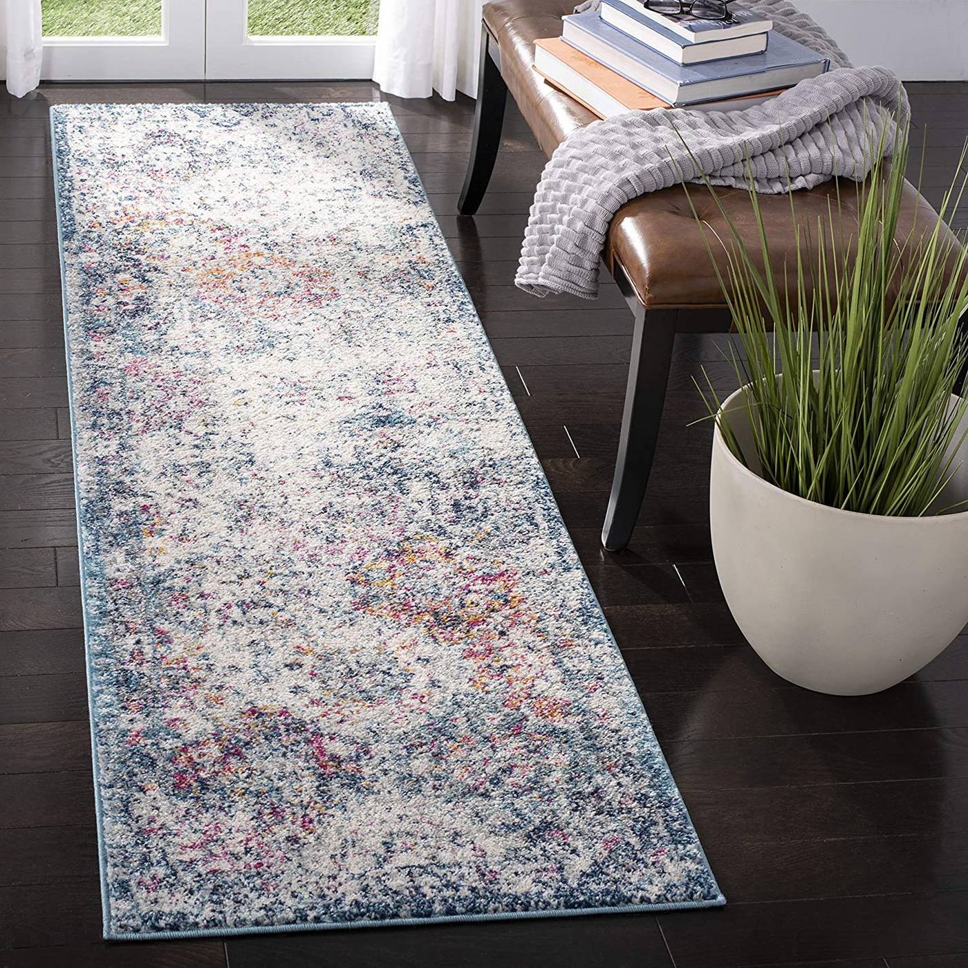 Safavieh Madison Collection MAD611N Boho Chic Floral Medallion Trellis Distressed Non-Shedding Stain Resistant Living Room Bedroom Runner, 2'3" x 6' , Navy / Teal