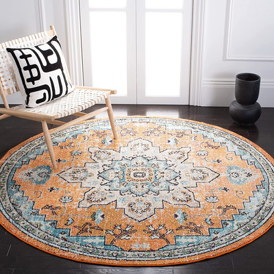 Safavieh Madison Collection MAD473P Boho Chic Medallion Distressed Non-Shedding Stain Resistant Living Room Bedroom Area Rug, 6'7" x 6'7" Round, Orange / Teal