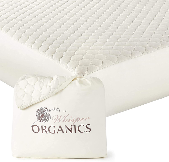 Whisper Organics, 100% Organic Mattress Protector - Quilted Fitted Mattress Pad Cover, GOTS Certified Breathable Mattress Protector - Ivory Color, 17" Deep Pocket (Queen Size Bed)