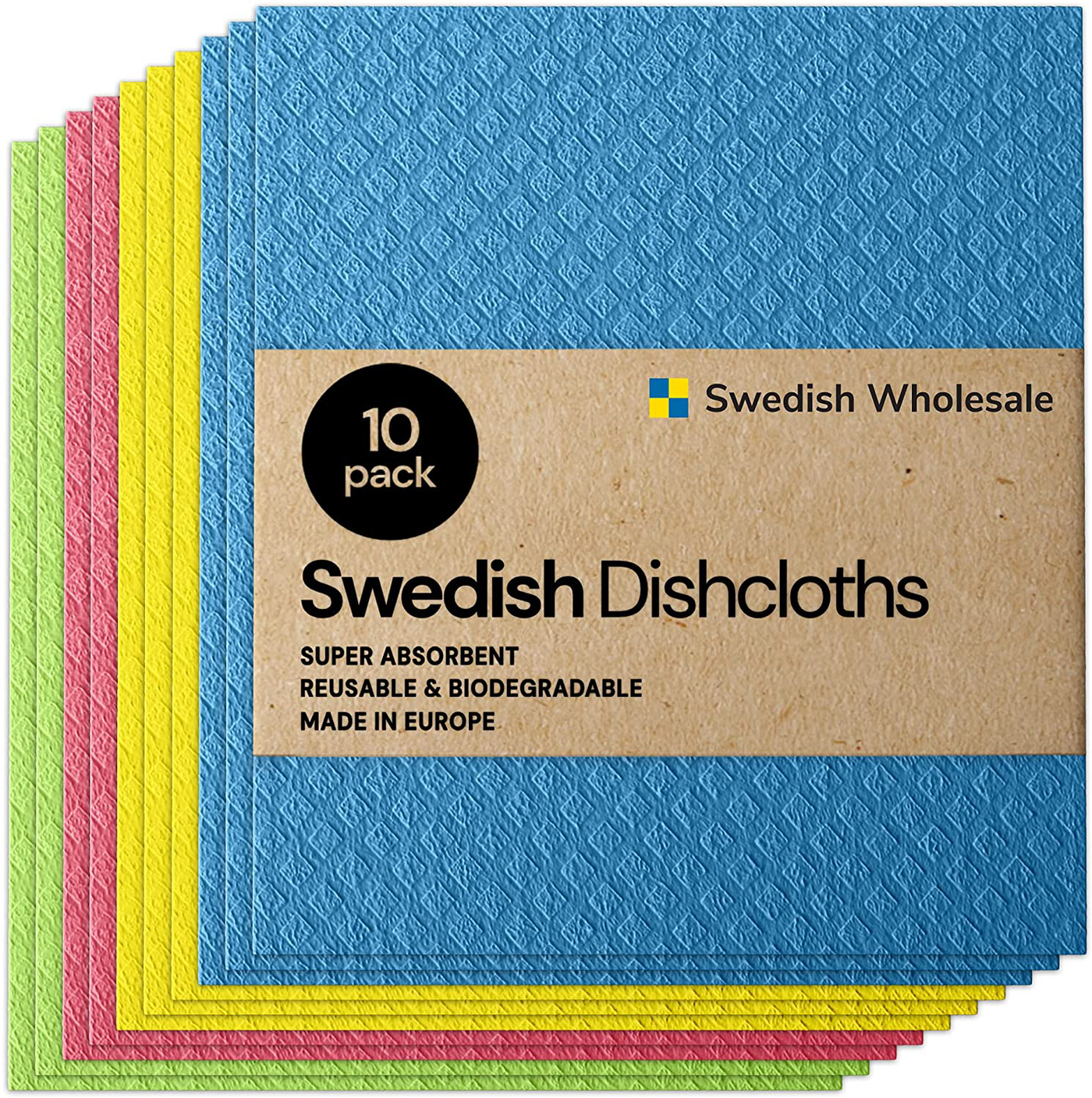 Swedish Wholesale Swedish Dish Cloths - Pack of 10, Reusable, Absorbent Hand Towels for Kitchen, Bathroom and Cleaning Counters - Cellulose Sponge Cloth - Assorted