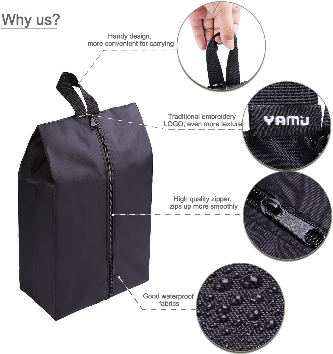 YAMIU Travel Shoe Bags Set of 4 Waterproof Nylon with Zipper for Men & Women, Black