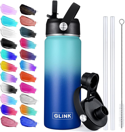 Glink Stainless Steel Water Bottle with Straw, 12-64 oz Wide Mouth Double Wall Vacuum Insulated Water Bottle Leakproof, Straw Lid and Spout Lid with New Rotating Rubber Handle