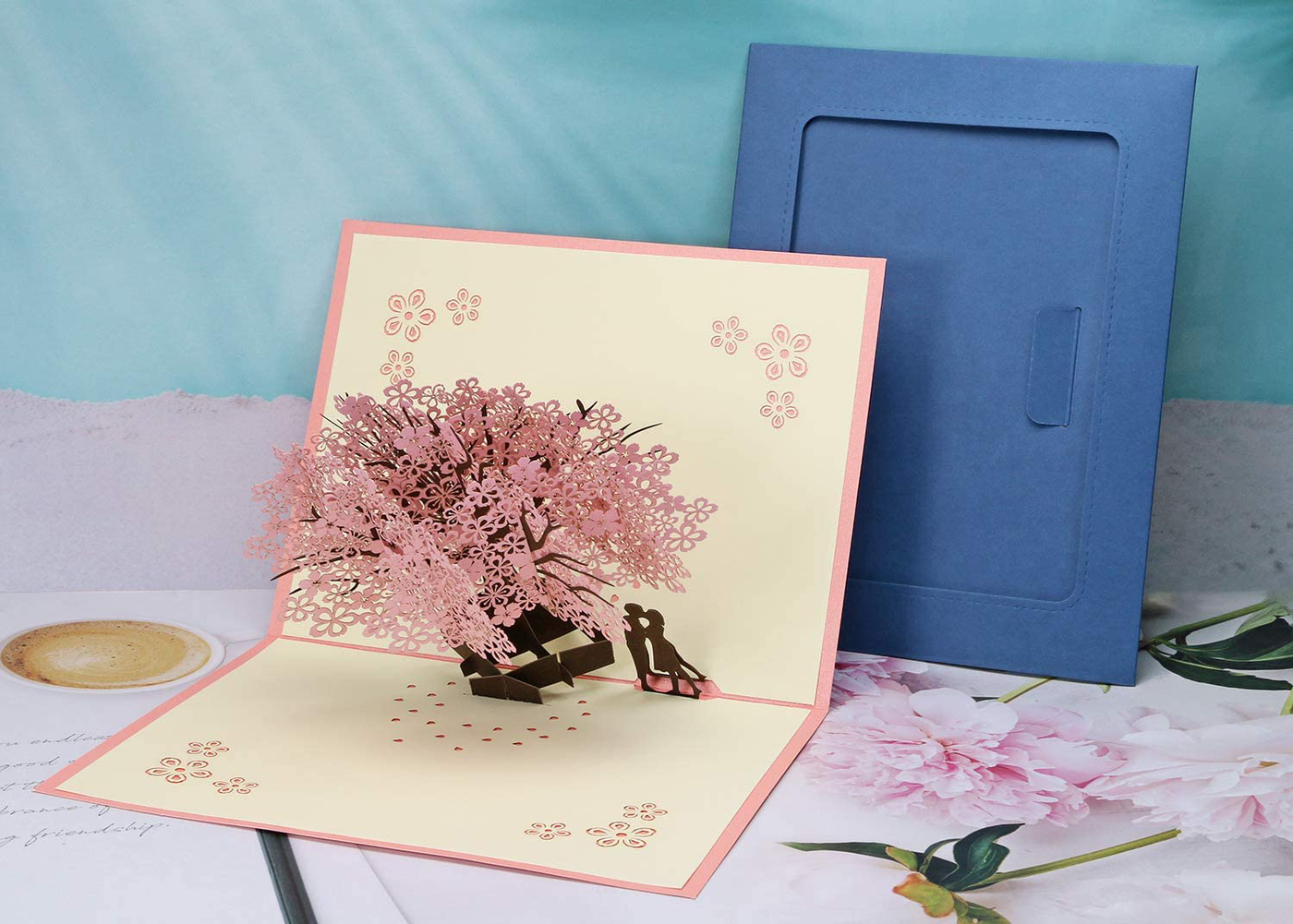 Penta Angel Handmade Cherry Blossom Card Pop Up 3D Flower Card Romantic Love Letter Greeting Anniversary Wedding Valentine Birthday Gift Card Blank Stationery Paper Card for Her Him Husband Wife