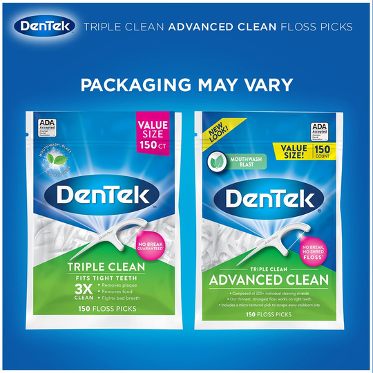 DenTek Triple Clean Advanced Clean Floss Picks, No Break & No Shred Floss, 150 Count, 6 Pack