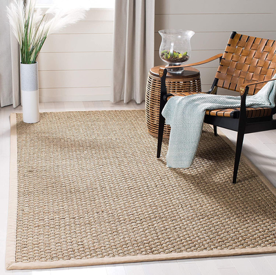 Safavieh Natural Fiber Collection NF114A Border Basketweave Seagrass Area Rug, 4' x 4' Square, Beige