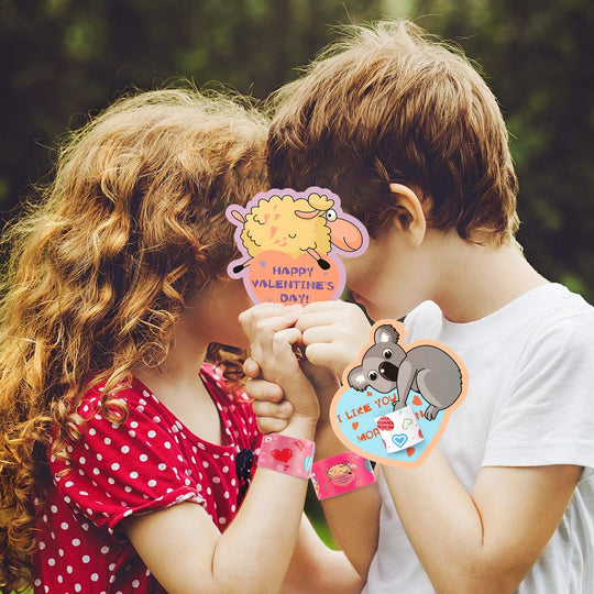 Mibor Valentines Day Cards for Kids - 30 Slap Bracelets + 30 Valentines Cards for Kids Class, 6 Cute Animals Patterns Cards, Kids Valentines Day Cards for School Classroom Valentines Day Decorations