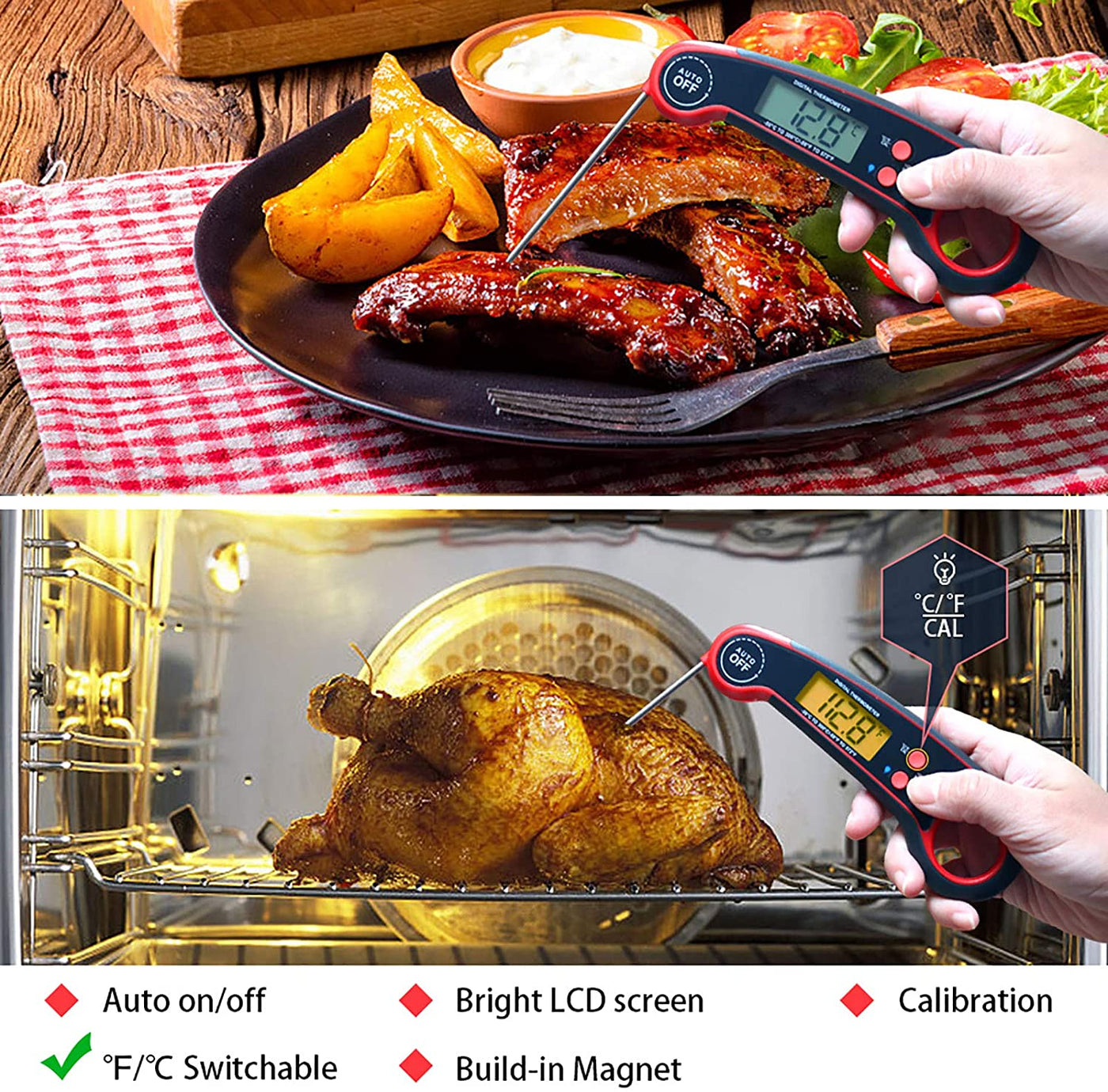 Meat Thermometer, Estefanlo Magnet Adsorption Instant Read Thermometer, Waterproof Quick Temperature Measurement, Digital Food Thermometer for Kitchen, Outdoor Cooking