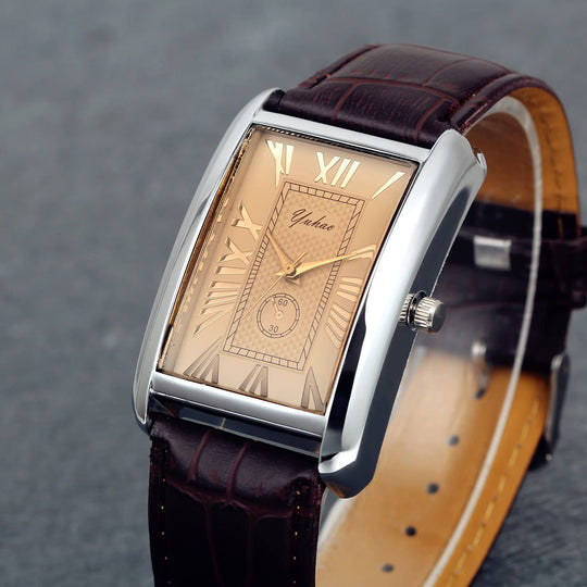 Lancardo Retro Vintage Square Quartz Analog Watch Silver Tone Case Crocodile Pattern Brown Leather Business Casual Dress Wrist Watch