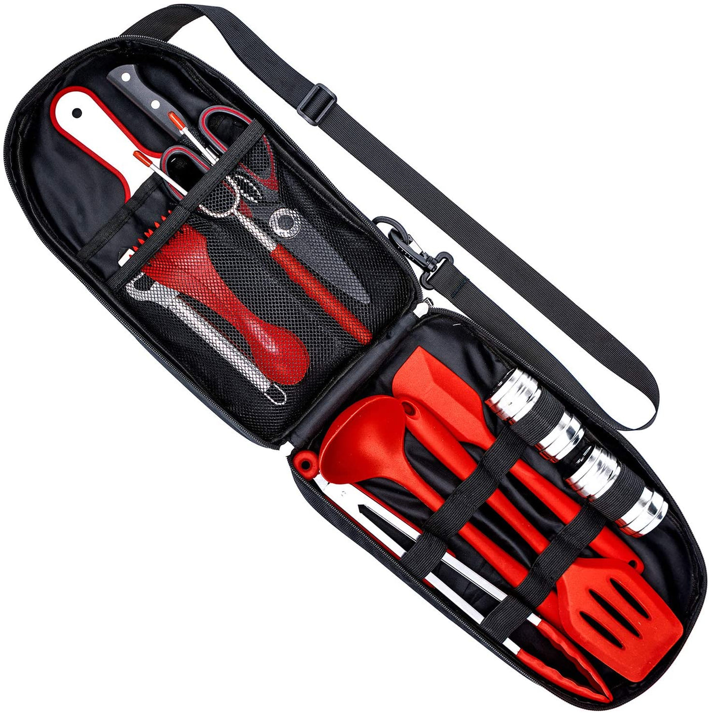 Cooking & Grilling Utensil Organizer Travel Set & Carry Case, Portable Silicone Camping Utensils & Kitchen Accessories, Cookware Equipment Kit and Chopping Board, Scissors & Camp Knife, Grill Supplies