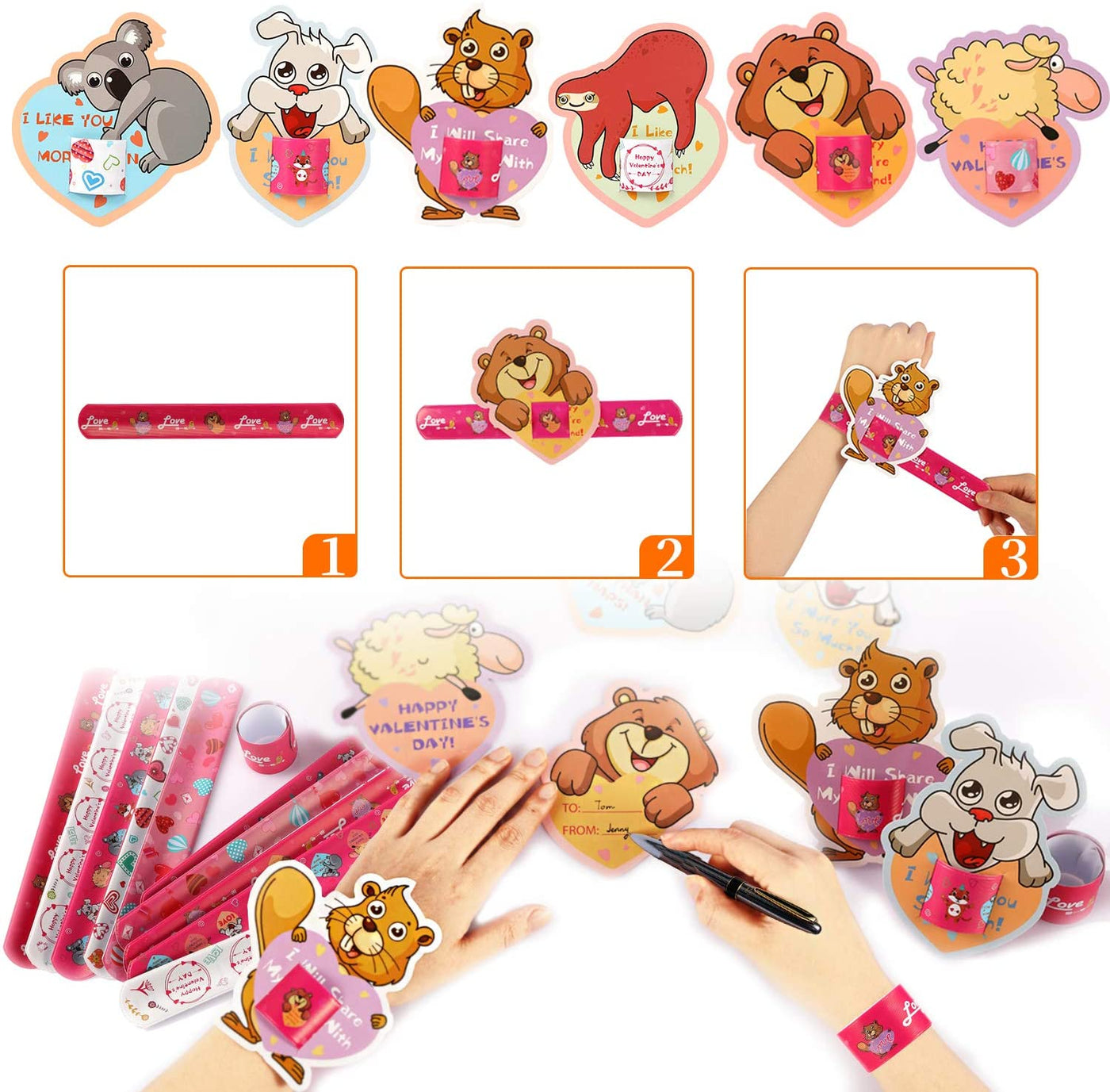 Mibor Valentines Day Cards for Kids - 30 Slap Bracelets + 30 Valentines Cards for Kids Class, 6 Cute Animals Patterns Cards, Kids Valentines Day Cards for School Classroom Valentines Day Decorations