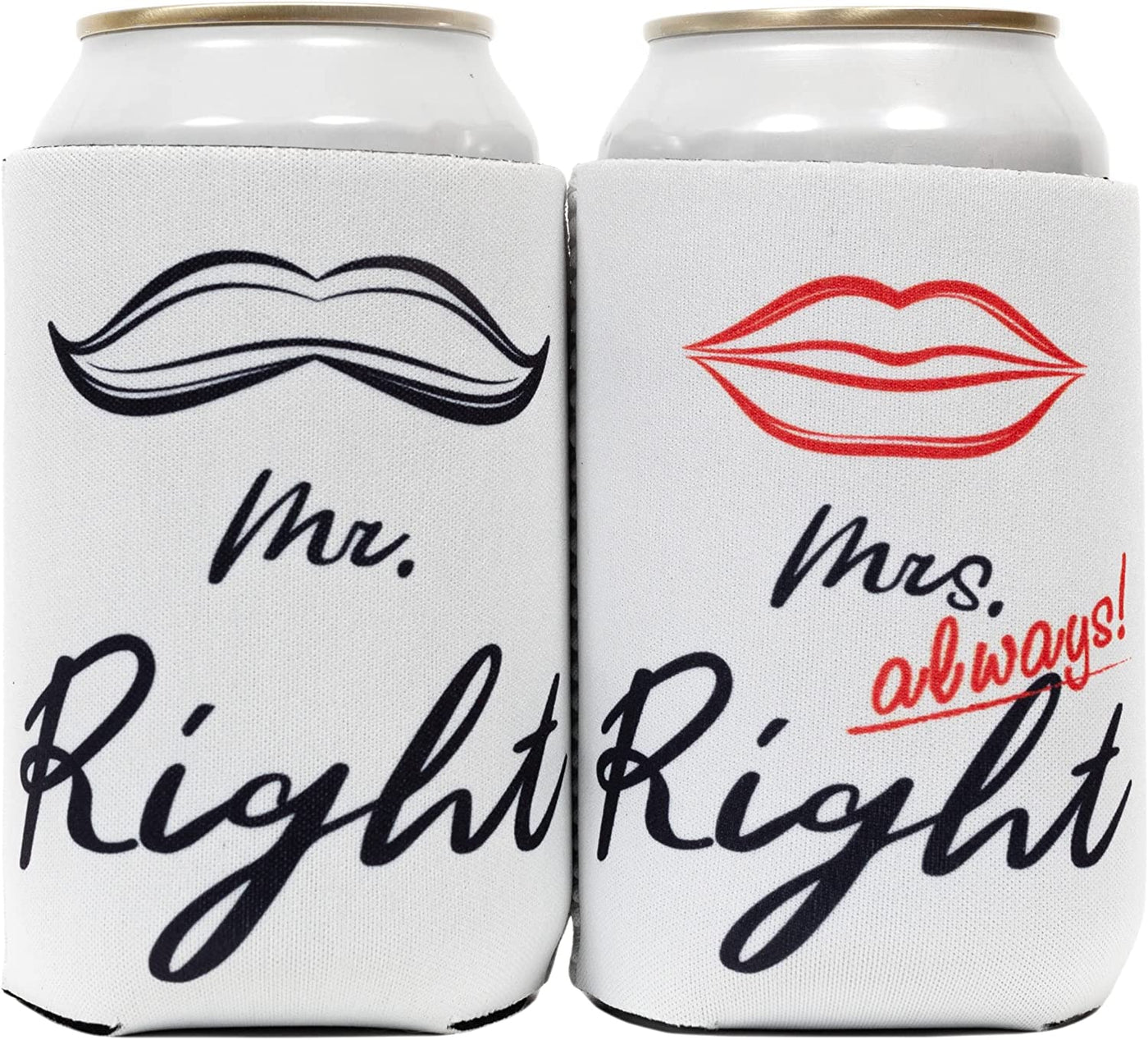 Mr & Mrs Can Cooler Sleeves - Set of 2 Neoprene Covers for Beer, Soda and More Universal Sleeve Design Holds Bottle and Cans - His and Hers Wedding Gift for Couples