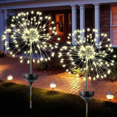  Solar Garden Lights Outdoor Waterproof, LED Firefly Starburst Firework Light for Pathway Patio Lawn Backyard Flowerbed Party Christmas Decorations with 120 LEDs 8 Mode 2 Pack Warm White Oval