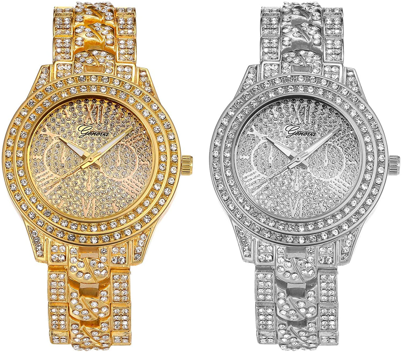 2 Pack Iced Out Watch for Men Rhinestone Bling Dial Crystal Bracelet Bangle Quartz Punk Hip-hop Dress Wrist Watch with Stainless Steel Band for Halloween Costume Party