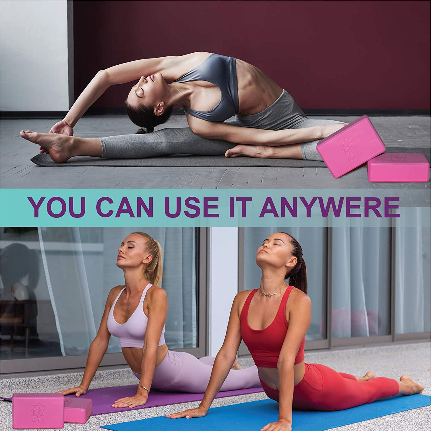 Dea Forever Yoga Blocks with Strap Set | High-Density Eva Foam Blocks with Yoga Strap D Ring Yoga Set with Bag | Yoga Brick 2 Pack and Strap + eBook for a Better Lifestyle