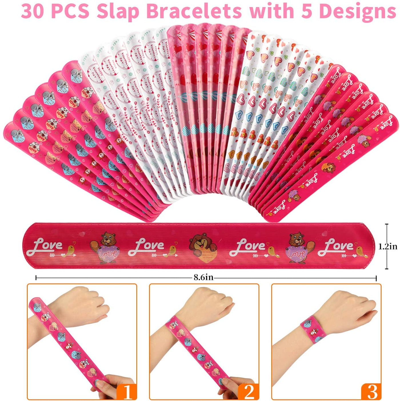 Mibor Valentines Day Cards for Kids - 30 Slap Bracelets + 30 Valentines Cards for Kids Class, 6 Cute Animals Patterns Cards, Kids Valentines Day Cards for School Classroom Valentines Day Decorations