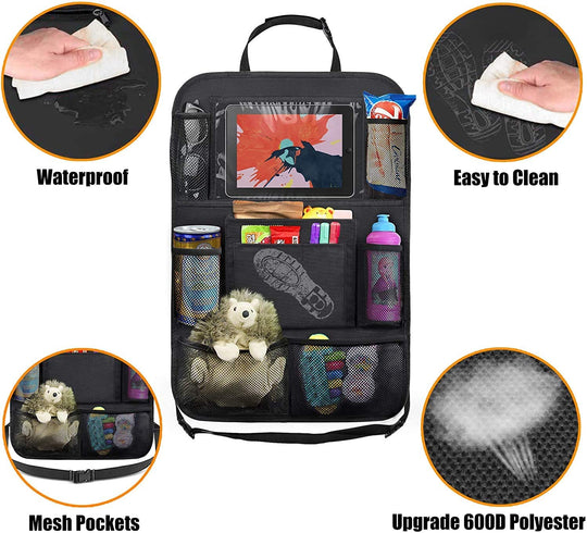 ULEEKA Car Backseat Organizer with 10" Table Holder, 9 Storage Pockets Seat Back Protectors Kick Mats for Kids Toddlers, Travel Accessories, Black, 2 Pack