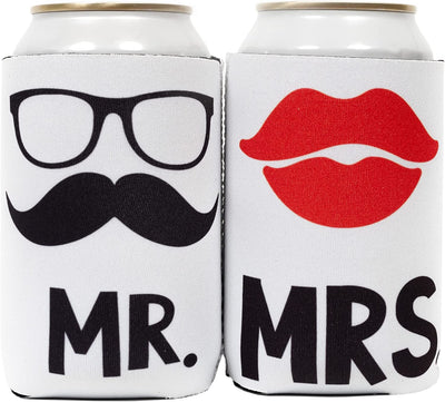 Mr & Mrs Can Cooler Sleeves - Set of 2 Neoprene Covers for Beer, Soda and More Universal Sleeve Design Holds Bottle and Cans - His and Hers Wedding Gift for Couples