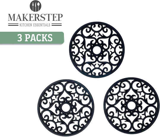 Makerstep Silicone Trivet Mat 3 Set in Heart Design Trivets. Hot Pan Holder Hot Pads For Countertop & Table. Non Slip, Serving Dishes Plates. Dishwasher Safe, Heat Resistant Kitchen Gadgets, Black