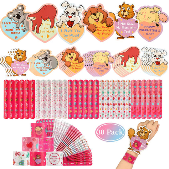 Mibor Valentines Day Cards for Kids - 30 Slap Bracelets + 30 Valentines Cards for Kids Class, 6 Cute Animals Patterns Cards, Kids Valentines Day Cards for School Classroom Valentines Day Decorations