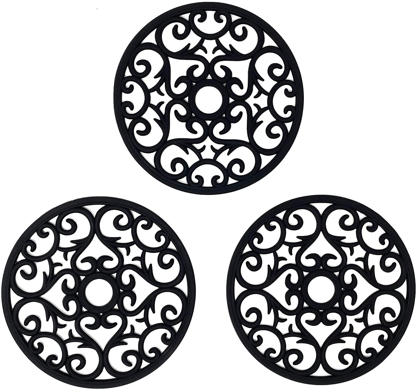 Makerstep Silicone Trivet Mat 3 Set in Heart Design Trivets. Hot Pan Holder Hot Pads For Countertop & Table. Non Slip, Serving Dishes Plates. Dishwasher Safe, Heat Resistant Kitchen Gadgets, Black