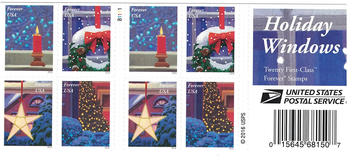 USPS Contemporary Christmas: Holiday Windows 2016 Forever Stamps - Booklet of 20 Postage Stamps