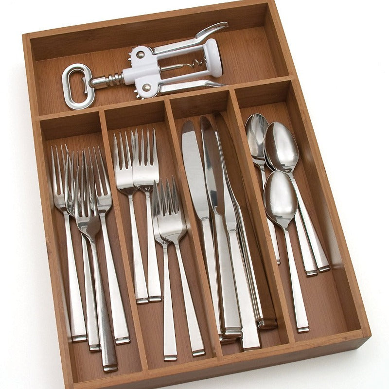 Bamboo Wood Flatware Organizer with 5 Compartments