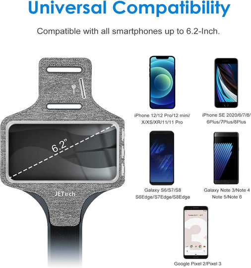  Cell Phone Armband Holder for Phone Upto 6.2 inch, for iphone 14/14 Pro/13/13 Pro, Water Resistant Phone Case with Key Holder and Card Slot, for Running, Walking, Hiking, Adjustable Band (Grey)