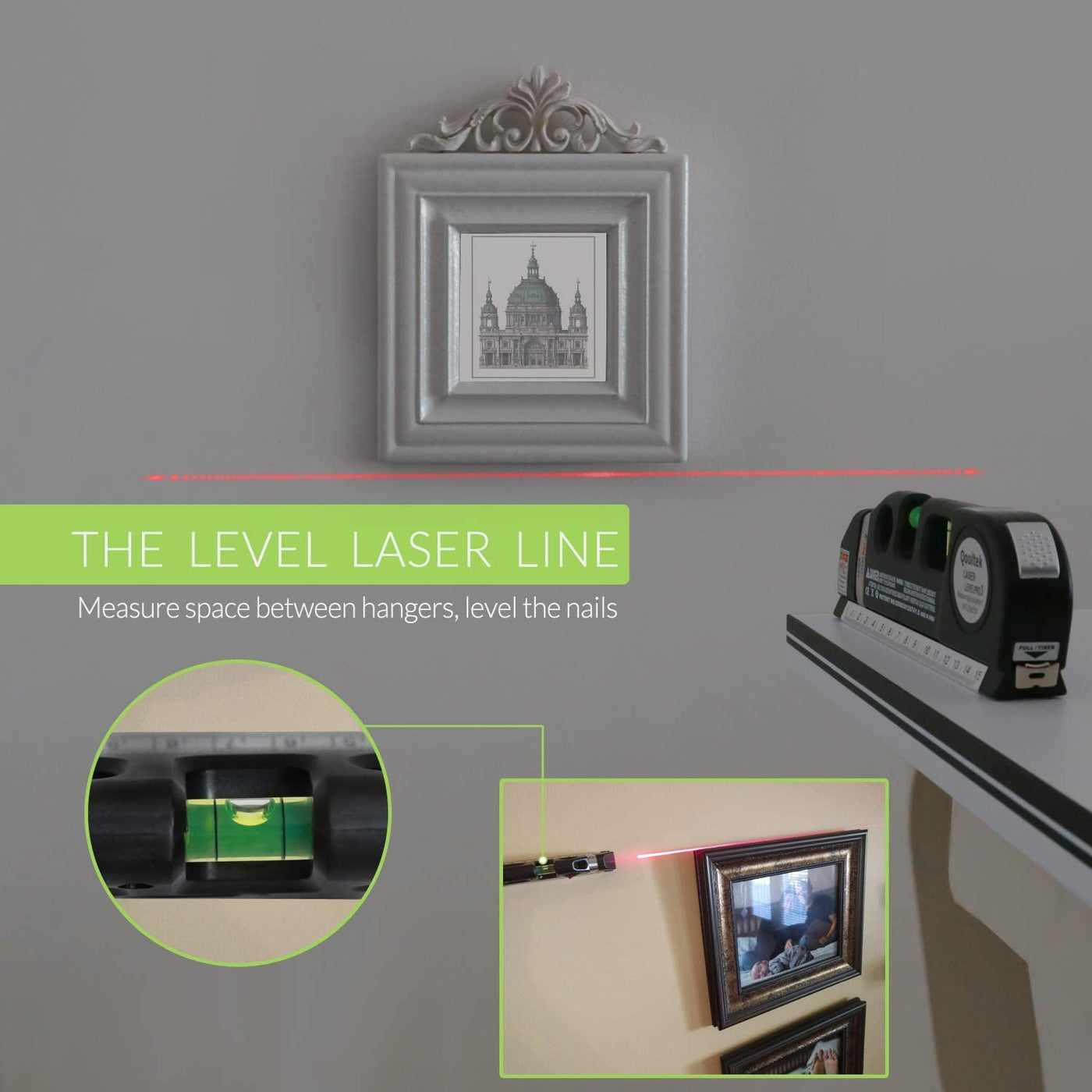 Laser Level Line Tool, Qooltek Multipurpose Cross Line Laser 8 feet Measure Tape Ruler Adjusted Standard and Metric Rulers for hanging pictures
