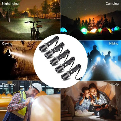 Pack of 5 LED Tactical Flashlights, Zoomable Adjustable Focus, IP65 Water-Resistant Torch, Super Bright Light with 5 Light Modes