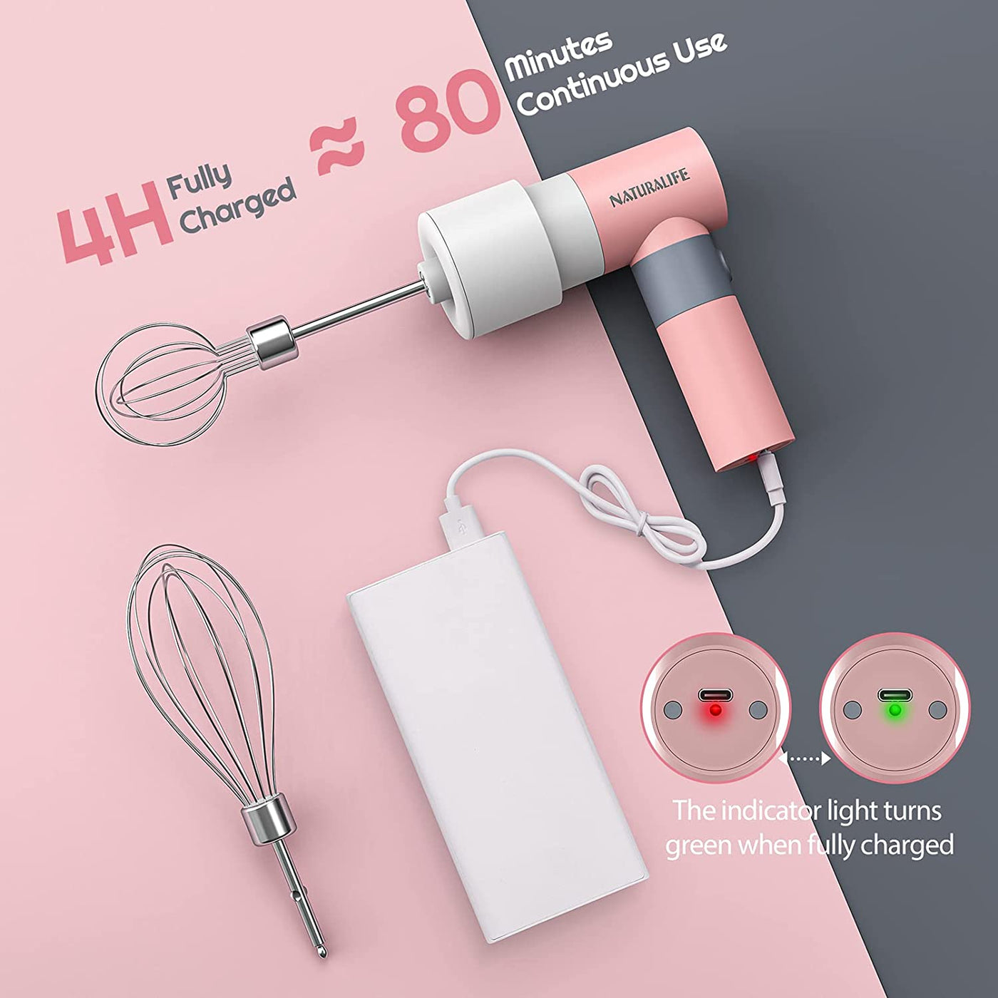  Small Electric Hand Mixer with 2 Speeds & 2 Whisks USB Rechargeable