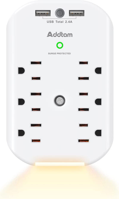  6-Outlet Extender Surge Protector with 2 USB Charging Ports and Night Light