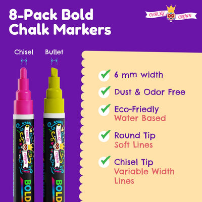 Chalky Crown Bold Chalk Markers - Dry Erase Marker Pens - Reversible Tip (8 per Pack) - (Multi-Colored, 6 Mm)