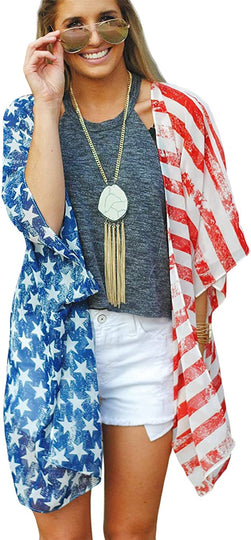 Women's American Flag Kimono  Cover Up Lightweight 