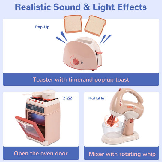 3Pcs Kids Play Kitchen with Oven, Toaster and Stirrer, Toy Kitchen Appliance for Toddlers Girls Boys Gift