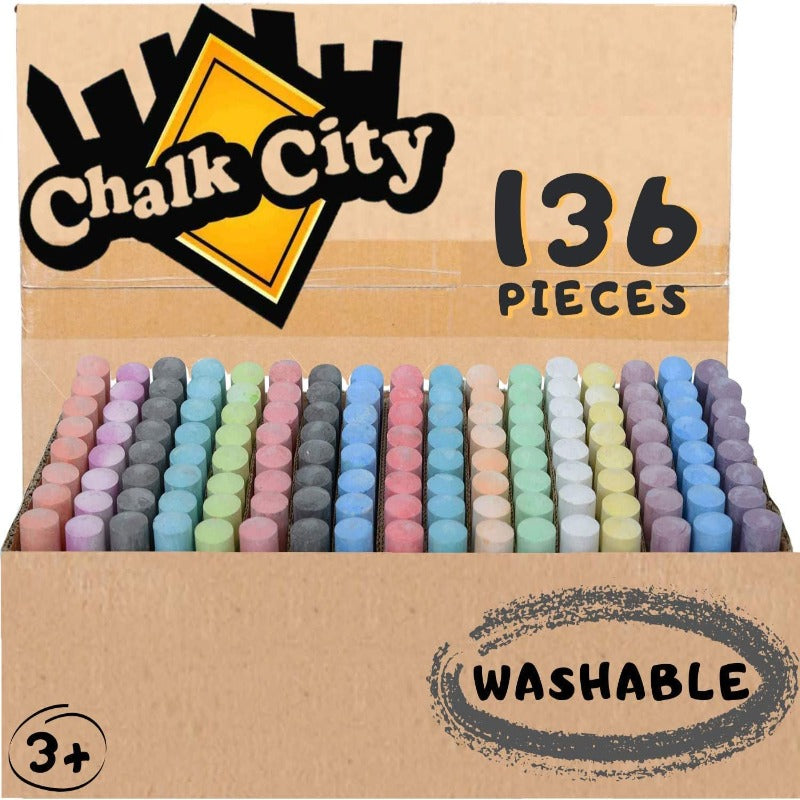 136 Piece Sidewalk Chalk, 17 Assorted Colors, Jumbo Chalk, Non-Toxic, Washable