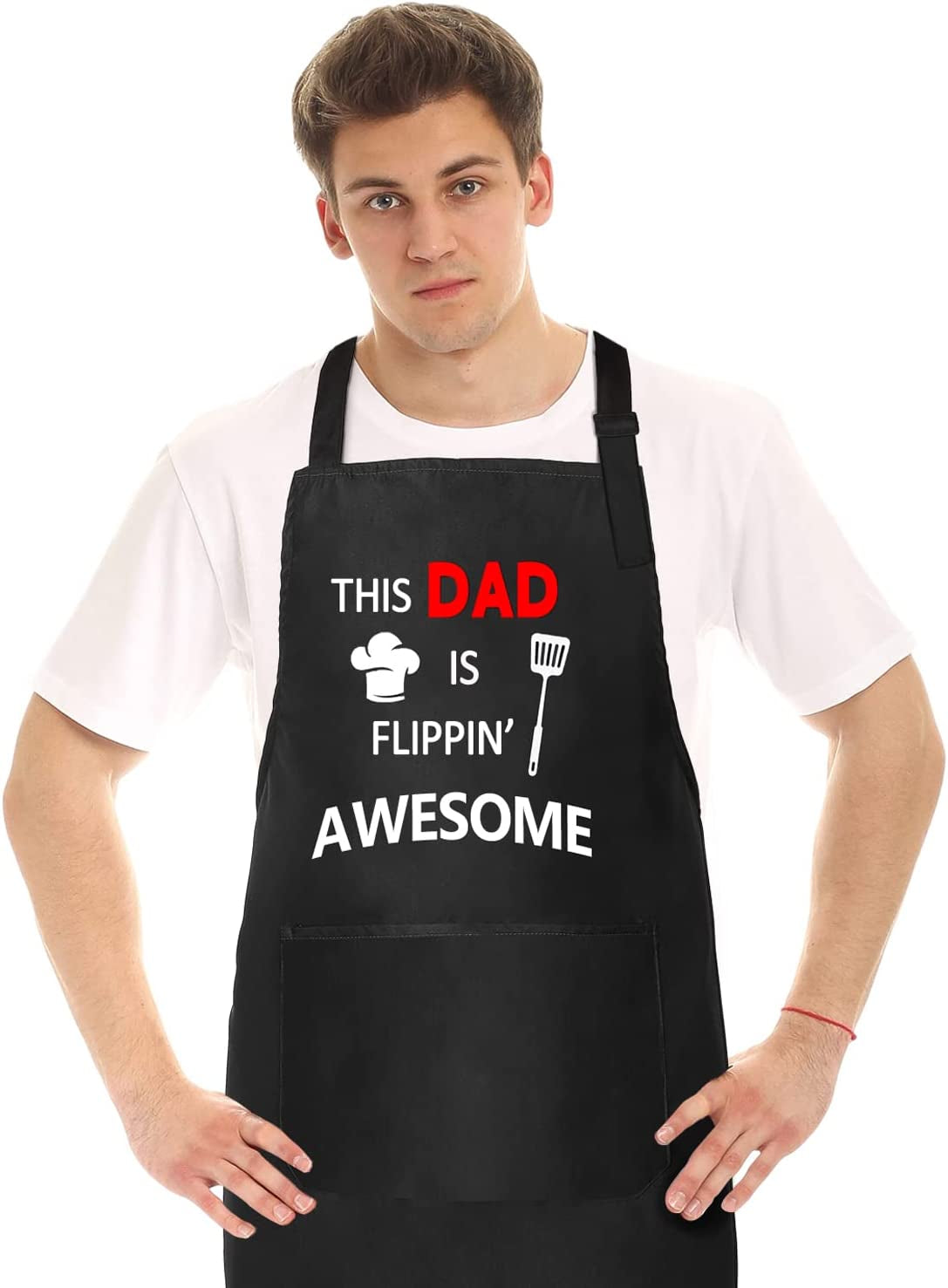  BBQ Grill Apron with 2 Pockets, Funny Aprons for Men, Women, One Size Fits All, Cooking Aprons, Personalized Apron, BBQ Gift Apron for Father, Husband, Chef (This Dad is Flippin' Awesome)