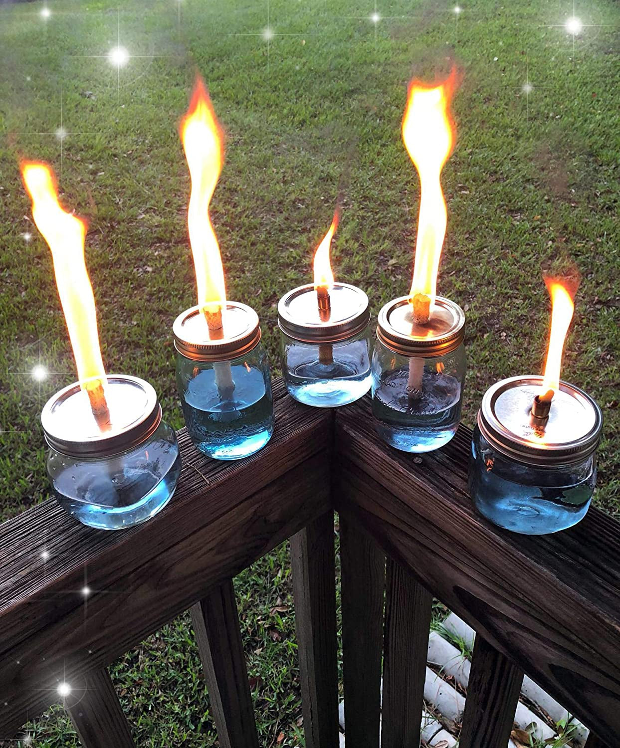 4 Pack Mason Jar Tabletop Torch Kits, Longlife Fiberglass Wicks,Stainless Steel Mason Jar Lids Caps Included,Outdoor Deck Oil Lamp Torch