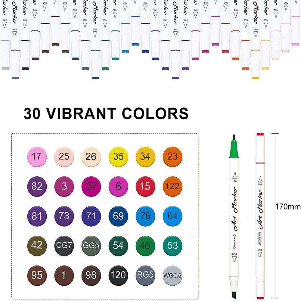 30 Colors Dual Tip Art Markers, Marker Pens for Kids Adult Coloring Books Sketching and Card Making