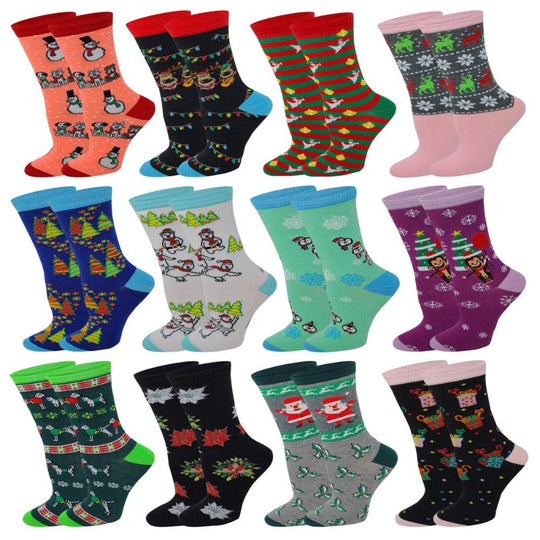 12 Pairs Women's Christmas Novelty Fun Design Crew Socks