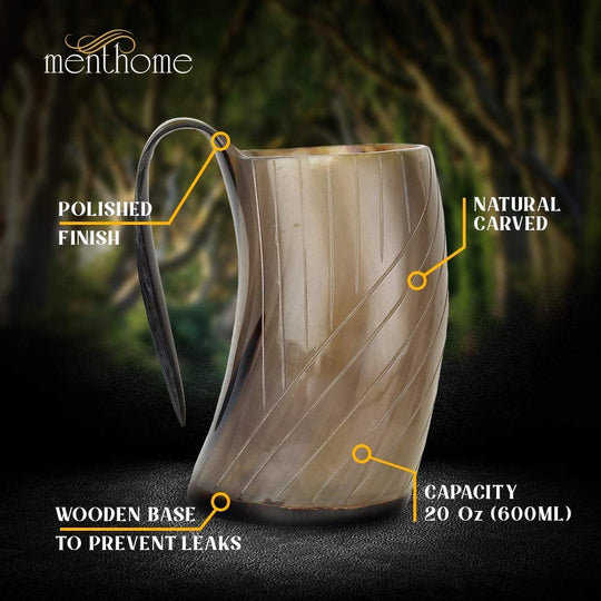 Engraved Medieval Norse Style Polished Drinking Horn Mug - with Horn Shot Glass | Bottle Opener | Golden Gift Bag | Large Horn Spoon | 20 Oz. (Carved Mug)