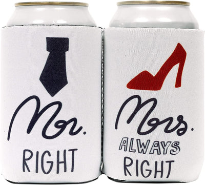 Mr & Mrs Can Cooler Sleeves - Set of 2 Neoprene Covers for Beer, Soda and More Universal Sleeve Design Holds Bottle and Cans - His and Hers Wedding Gift for Couples