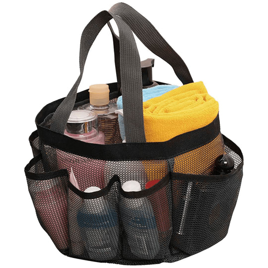 Natural Mesh Shower Caddy Portable Shower Tote Bag for College Dorm Essentials, Bathroom, Gym, Camp, Travel, Hanging Shower Caddy Basket, Quick Dry Toiletry Bag (8-Pockets | Black)