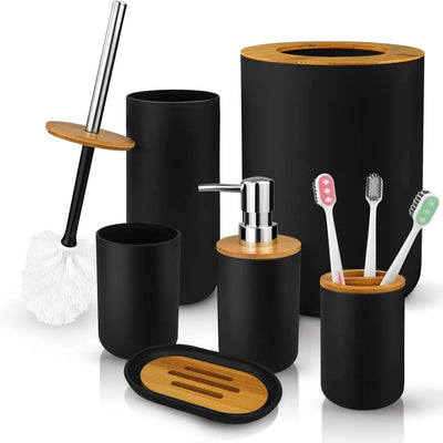 6 Pieces Bath Set- Soap Dish Toothbrush Holder Rinse Cup Lotion Bottle Trash Can Toilet Brush - Practical Toilet Kit for Home Washing Room，Black