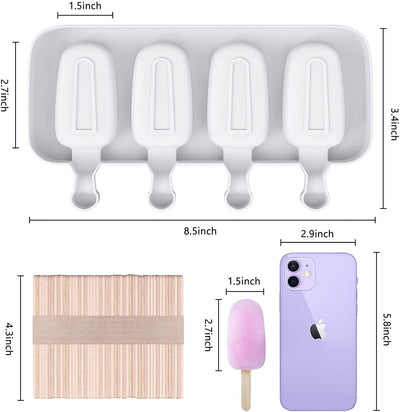 Popsicle Molds Set of 2, Ice Pop Molds Silicone 4 Cavities Ice Cream Mold Oval Cake Pop Mold with 50 Wooden Sticks for DIY Popsicle, Clear