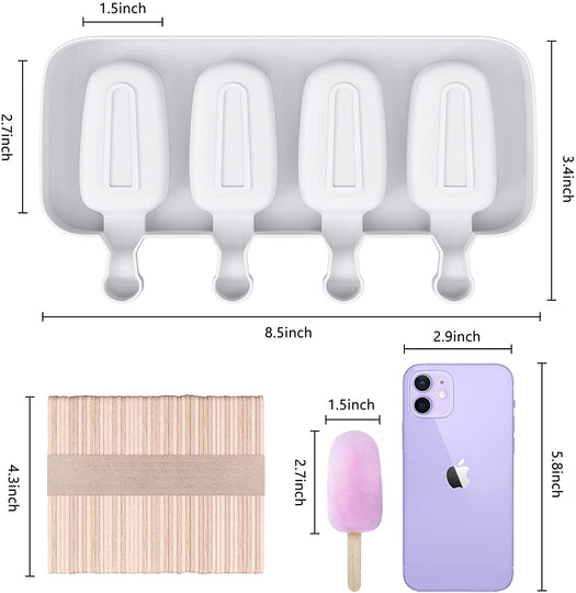 Popsicle Molds Set of 2, Ice Pop Molds Silicone 4 Cavities Ice Cream Mold Oval Cake Pop Mold with 50 Wooden Sticks for DIY Popsicle, Clear