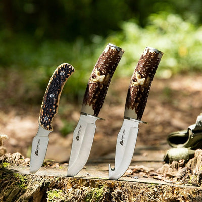 4-Inch Blade, Brown, Deer Head Handle Outdoor Hunting Fixed Blade Set