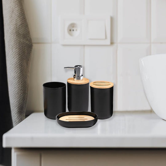 6 Pieces Bath Set- Soap Dish Toothbrush Holder Rinse Cup Lotion Bottle Trash Can Toilet Brush - Practical Toilet Kit for Home Washing Room，Black