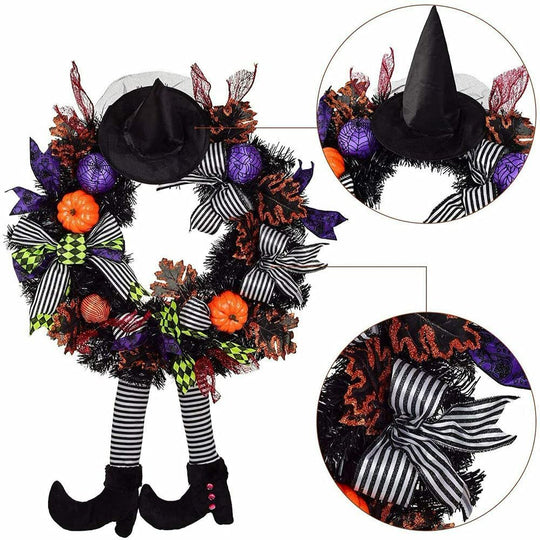 Halloween Wreath with Hat Legs Pumpkin Door Hanging Garland Front Door for Halloween Decorations